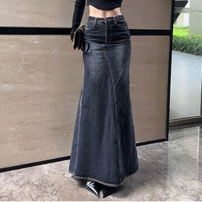 Maxi Skirt Women Casual Mermaid Streatwear High Waist Zipper Denim Skirts Y2k Streetwear Loose Long Mom Jeans Ankle Lenth Summer - SS69