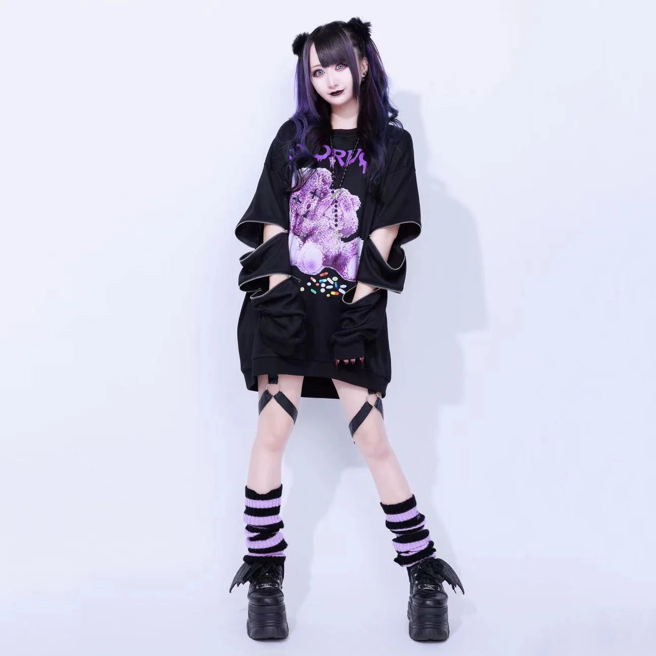 Harajuku Printed Black Zipper Hoodie