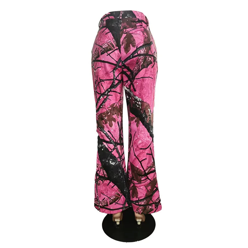 FAGADOER Pink Camouflage Print Pants Women Y2K Streetwear Button Pocket patchwork Straight Pants Hot girl Bottoms 2025 SS69