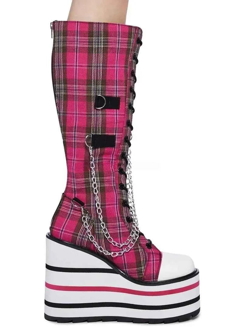 Canvas Check Platform Knee-high Boots Women Metal Chain Round Toe Wedges Cross Tied Lolita Heighten Shoes 2025 Lovely Sexy Boots