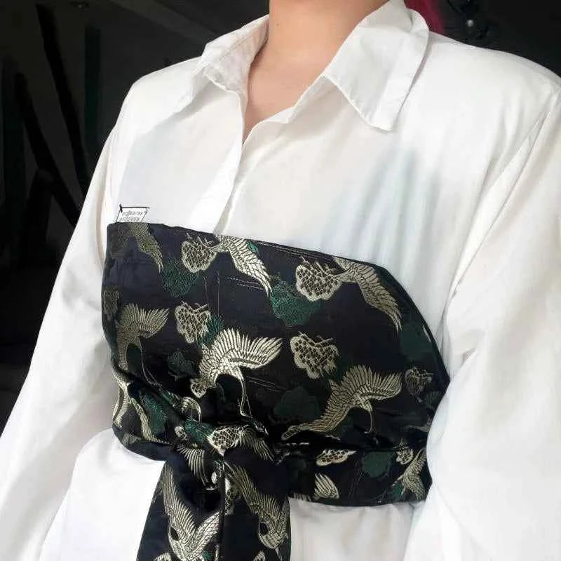 Traditional Japanese Kimono Yukata Obi Belt Crane Floral Printed Haori Belt Brocade Jacquard Waistband Shirt  Decor Accessories