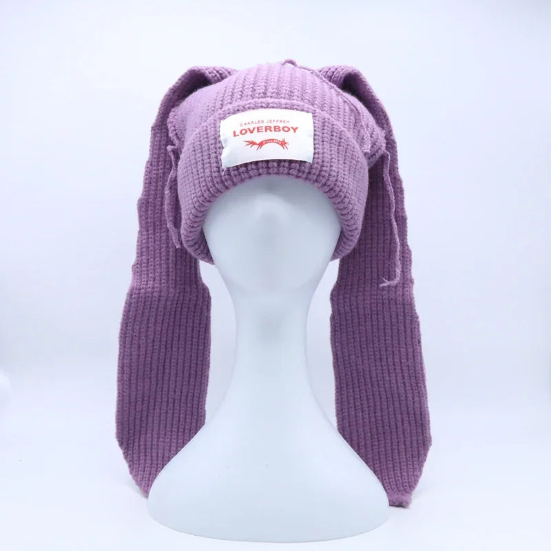 Long fox Ears Knitted Hat Men Women Rabbit Ear Warm Crochet Beanies Kpop Hip Hop Hat Winter Skullies Cap Y2k Christmas Gifty