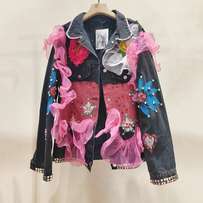 Graffiti Sequins Lace Diamonds Beaded Mesh Splice Ruffles Denim Coat Loose Rivets Jeans Jacket Cardigan Rhinestones Cowboy Tops SS69