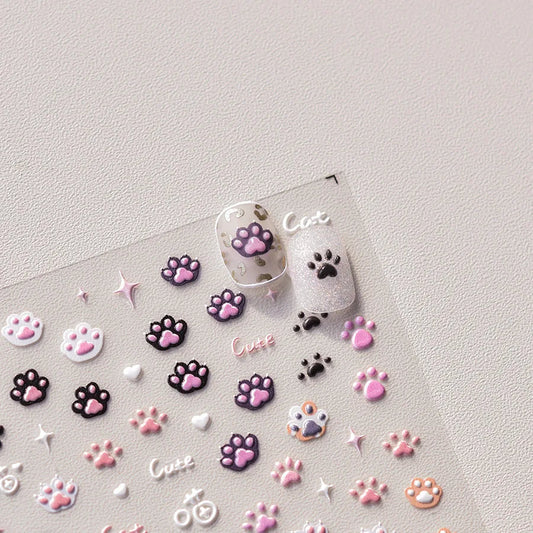 Cute Jelly Pink Cat Paw Print Nail Sticker Kawaii Pink Black Cat Claw 5D Embossed Self-Adhesive Nail Art Sticker Nail Art Decal SS69