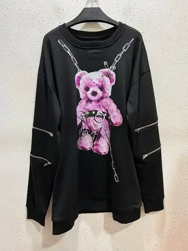 Harajuku Printed Black Zipper Hoodie
