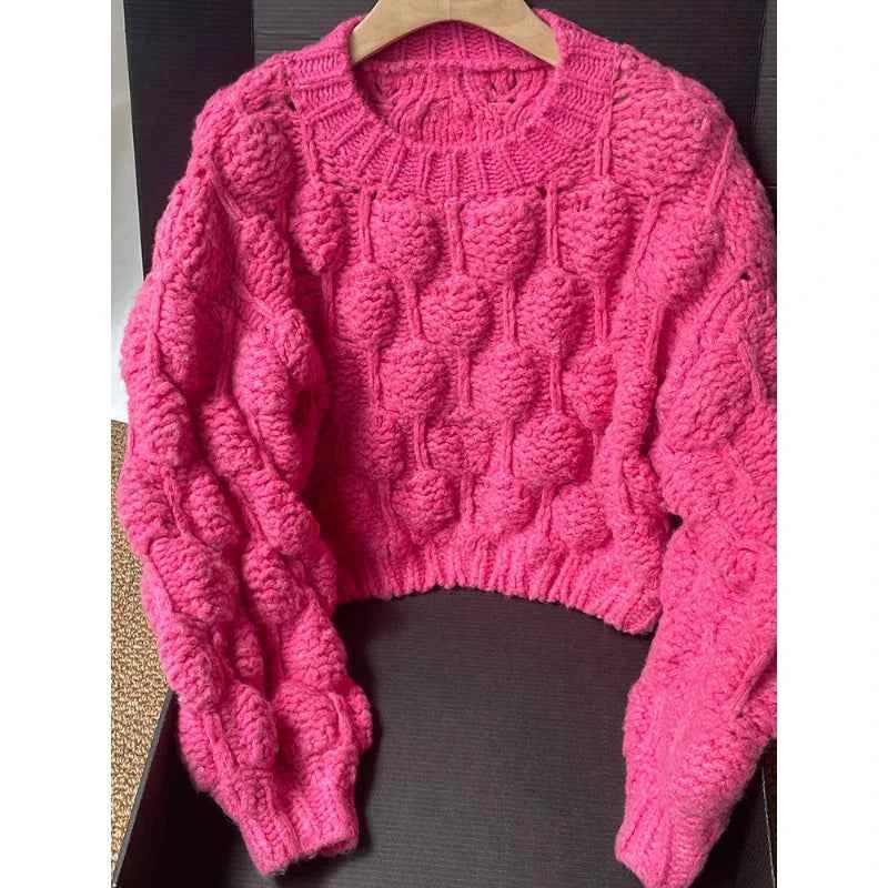 Chunky Crop Knit Sweater Women Niche Design Crew-neck Jumper 2025 Fall Winter Knitwear