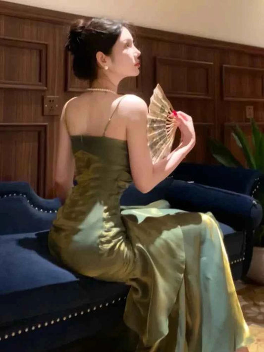 Women Summer New Elegant Ruffled Maxi Dress Light Luxury Bodycon Sling Fishtail Dresses Vintage Party Gown Prom and Events