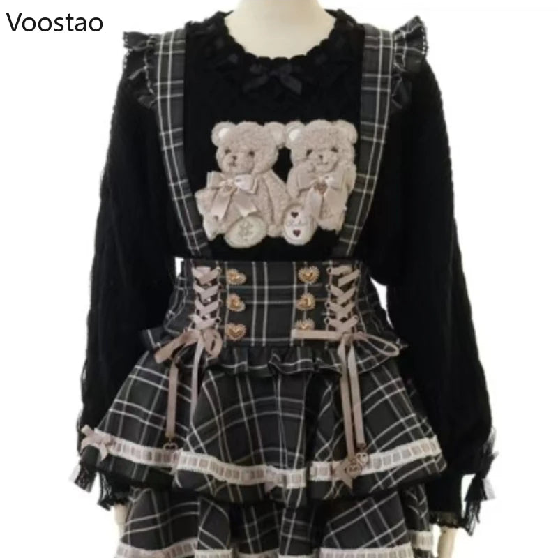 Sweet Lolita Bear Embroidery Knit Sweater with Puff Sleeves