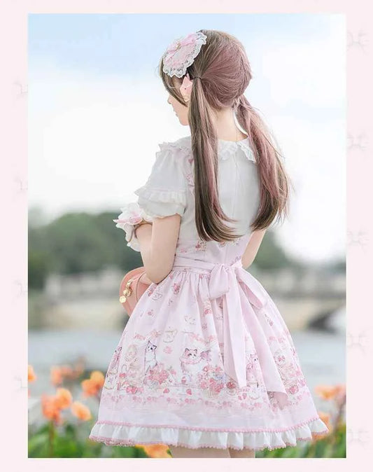 Original New Spring Summer Cute Print Short-sleeved Lolita OP Dress Japanese Sweet Girl Mass-produced Kawaii Bow Short Dresses