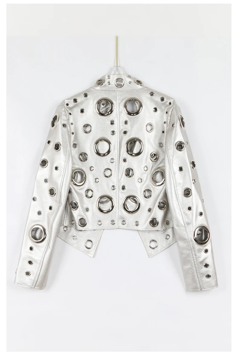 Nerazzurri Women's Faux Leather Jacket with Rivets & Hollow Out Detail
