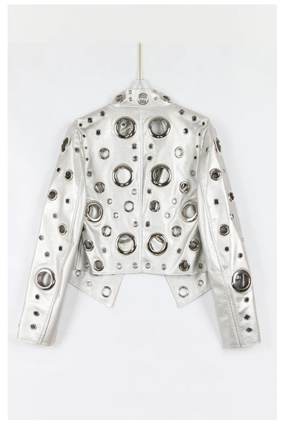 Nerazzurri Spring Autumn Short Hollow Out Pu Leather Jacket Women Rivet Cool Stylish Luxury Designer Clothes Runway Fashion 2024