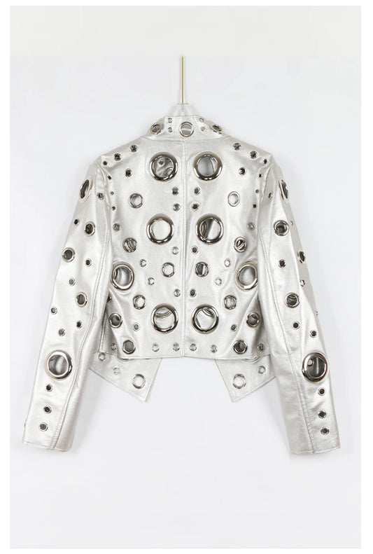 Nerazzurri Spring Autumn Short Hollow Out Pu Leather Jacket Women Rivet Cool Stylish Luxury Designer Clothes Runway Fashion 2024