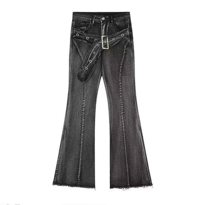 Vintage Slim Micro-flare Jeans Women Ins Fashionable Splicing Belt Edge Y2K Pants High Waist Straight American Street Trousers