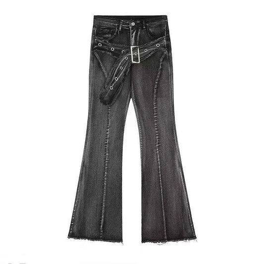 Vintage Slim Micro-flare Jeans Women Ins Fashionable Splicing Belt Edge Y2K Pants High Waist Straight American Street Trousers