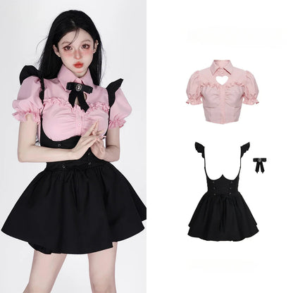 Summer Kawaii Clothing Pink Y2k Crop Tops Blouse + Black Mini Dress Two Piece Set for Women Casual Bodycon Korean Suit Chic SS69 44.69 2 Piece Sets / M