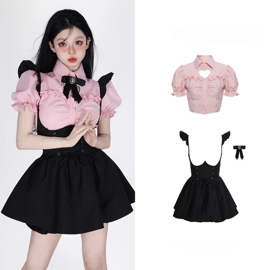 Summer Kawaii Clothing Pink Y2k Crop Tops Blouse + Black Mini Dress Two Piece Set for Women Casual Bodycon Korean Suit Chic SS69 44.69 2 Piece Sets / M