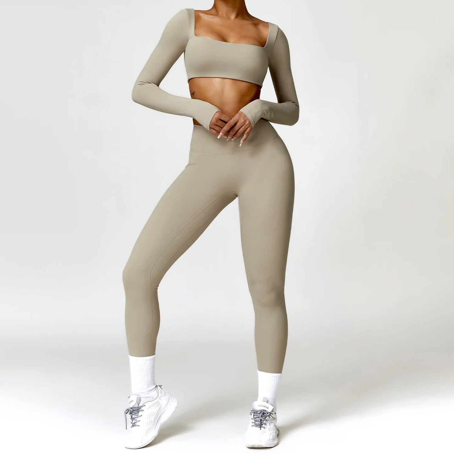 2PCS Yoga Suit Sports Set Women Quick-Drying Gym Set Women Tracksuit Running Workout Long Sleeve Sports Shirt Yoga Clothing SS69 56.69 Brown 2 / XL