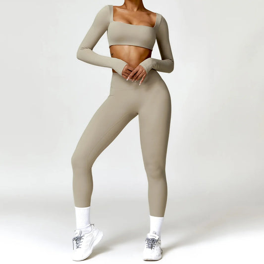 2PCS Yoga Suit Sports Set Women Quick-Drying Gym Set Women Tracksuit Running Workout Long Sleeve Sports Shirt Yoga Clothing SS69 56.69 Brown 2 / XL