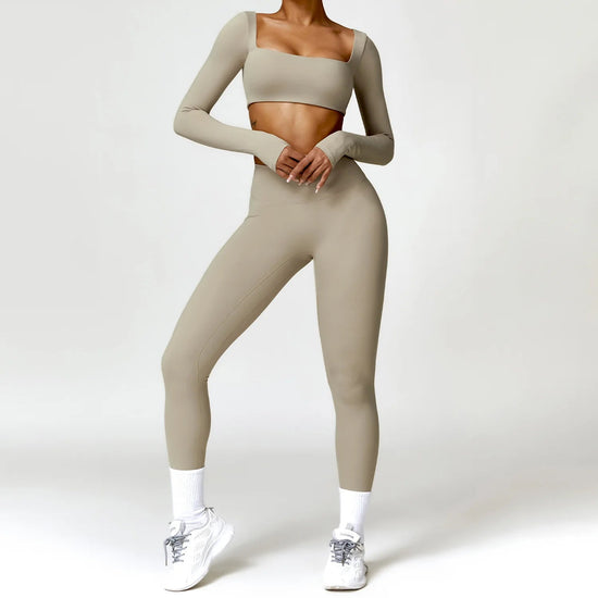 2PCS Yoga Suit Sports Set Women Quick-Drying Gym Set Women Tracksuit Running Workout Long Sleeve Sports Shirt Yoga Clothing SS69 56.69 Brown 2 / XL