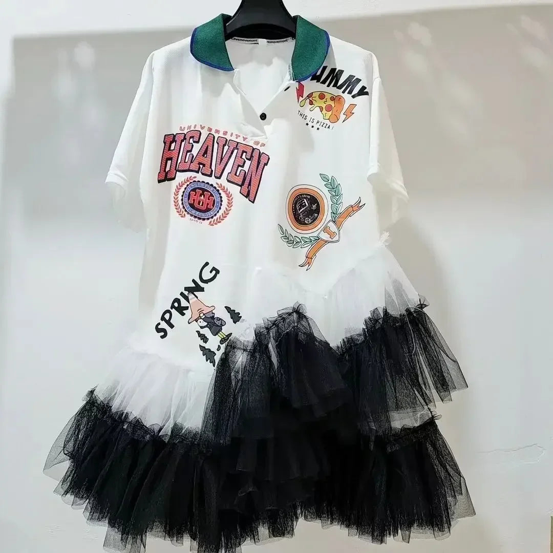 Summer Mesh Splicing Ruffles Short Sleeve T-Shirts Irregular Gauze Stitching Ruched Pleated Tees Letters Printed Jumpers Tops SS69