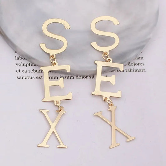 Punk Letter SEX Shape Dangle Earrings for Women Vintage European Metal Drop Earrings Golden Silver Color Black Red Green Jewelry SS69