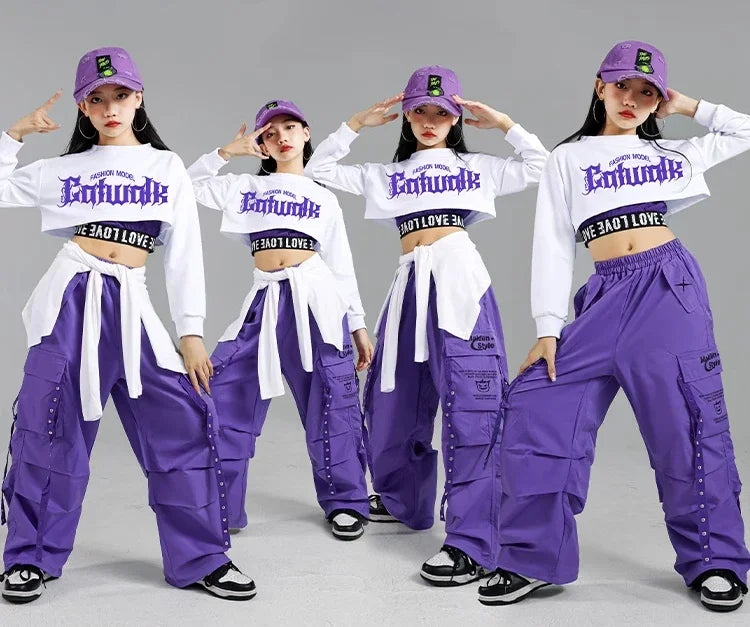 Girls K-Pop Street Dance Outfit: Purple Crop Top & Cargo Pants