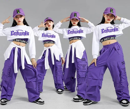 Children Street Dance Outfits Kids Streetwear Group Jazz Clothes Sets Hip Hop Girls Fashion K-pop Crop Top Purple Cargo Pants