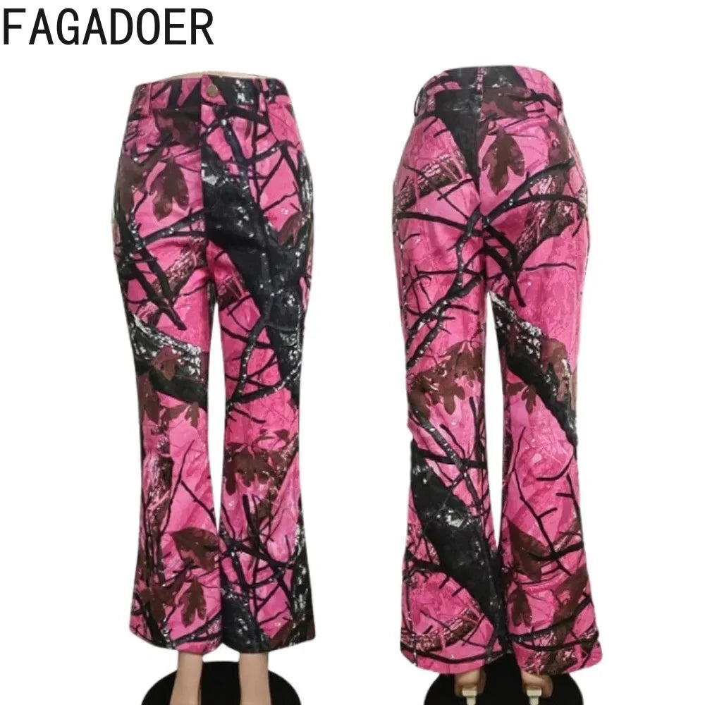 FAGADOER Pink Camouflage Print Pants Women Y2K Streetwear Button Pocket patchwork Straight Pants Hot girl Bottoms 2025 SS69