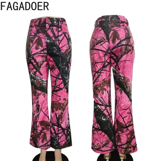 FAGADOER Pink Camouflage Print Pants Women Y2K Streetwear Button Pocket patchwork Straight Pants Hot girl Bottoms 2025 SS69