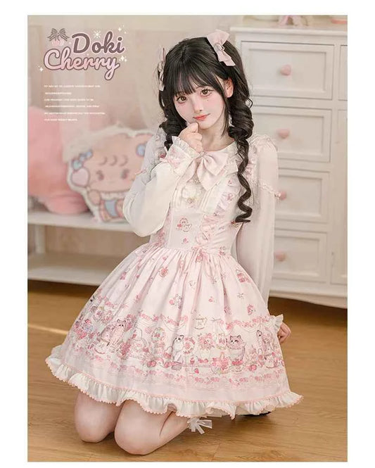 Original New Spring Summer Cute Print Short-sleeved Lolita OP Dress Japanese Sweet Girl Mass-produced Kawaii Bow Short Dresses