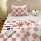 Pink White Plaid Coral Fleece Blanket for Sofa & Travel