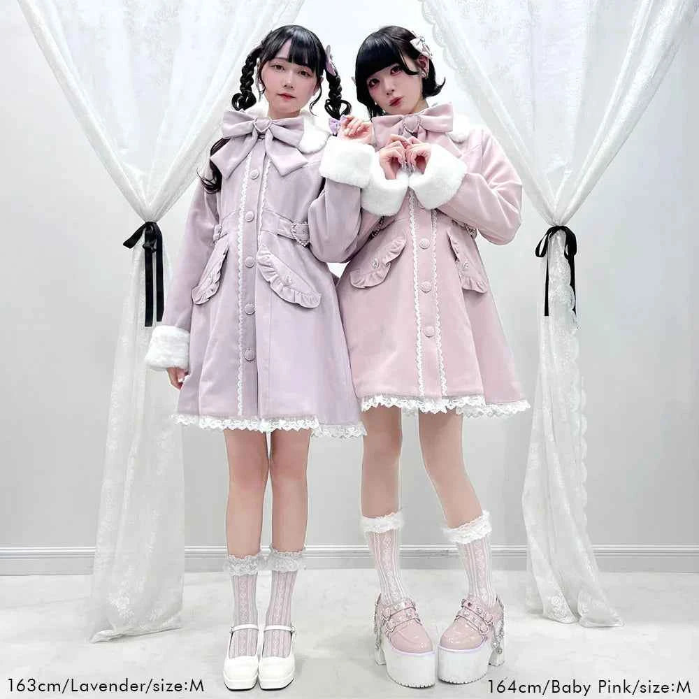 Japanese Sweet Winter Woolen Coat Lolita Style Cute Big Bow Fungus Edge Long Sleeve Slim Kawaii Girls Women Elegant Overcoat