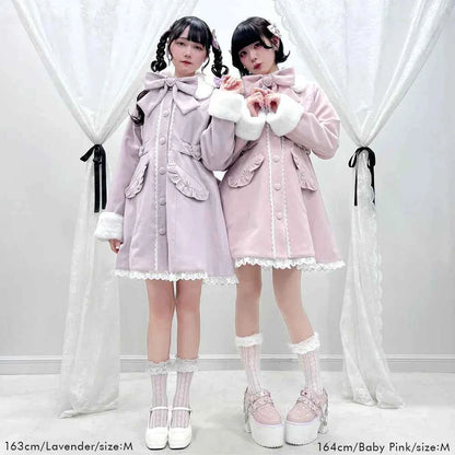 Japanese Sweet Winter Woolen Coat Lolita Style Cute Big Bow Fungus Edge Long Sleeve Slim Kawaii Girls Women Elegant Overcoat
