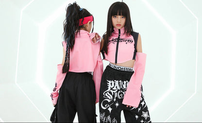 Hip Hop Dance Costume for Girls Pink Tops Black Pants Teenagers Boys Jazz Dance Performance Clothes Kpop Outfits Kids Stage Wear SS69
