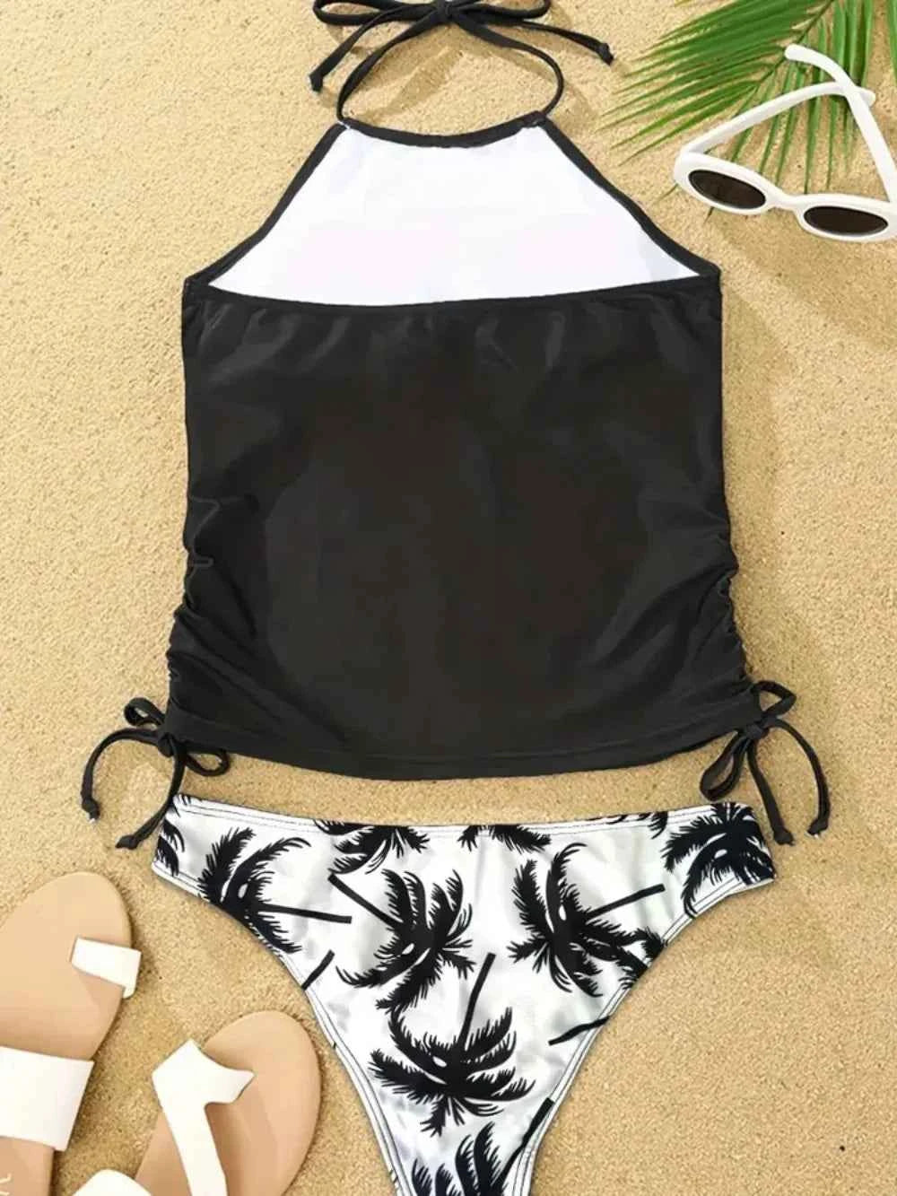 Sexy Solid Print Tankini Set Tied Halter Swimsuit Women Swimwear Biquinis Summer Backless Beach Bathing Suit One Piece Swimsuit