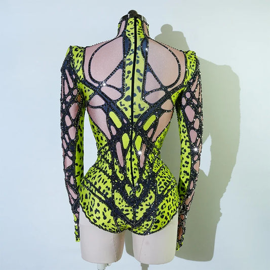 SS69 Women's Rhinestone Embellished Green Bodysuit High Elasticity Dance Outfit