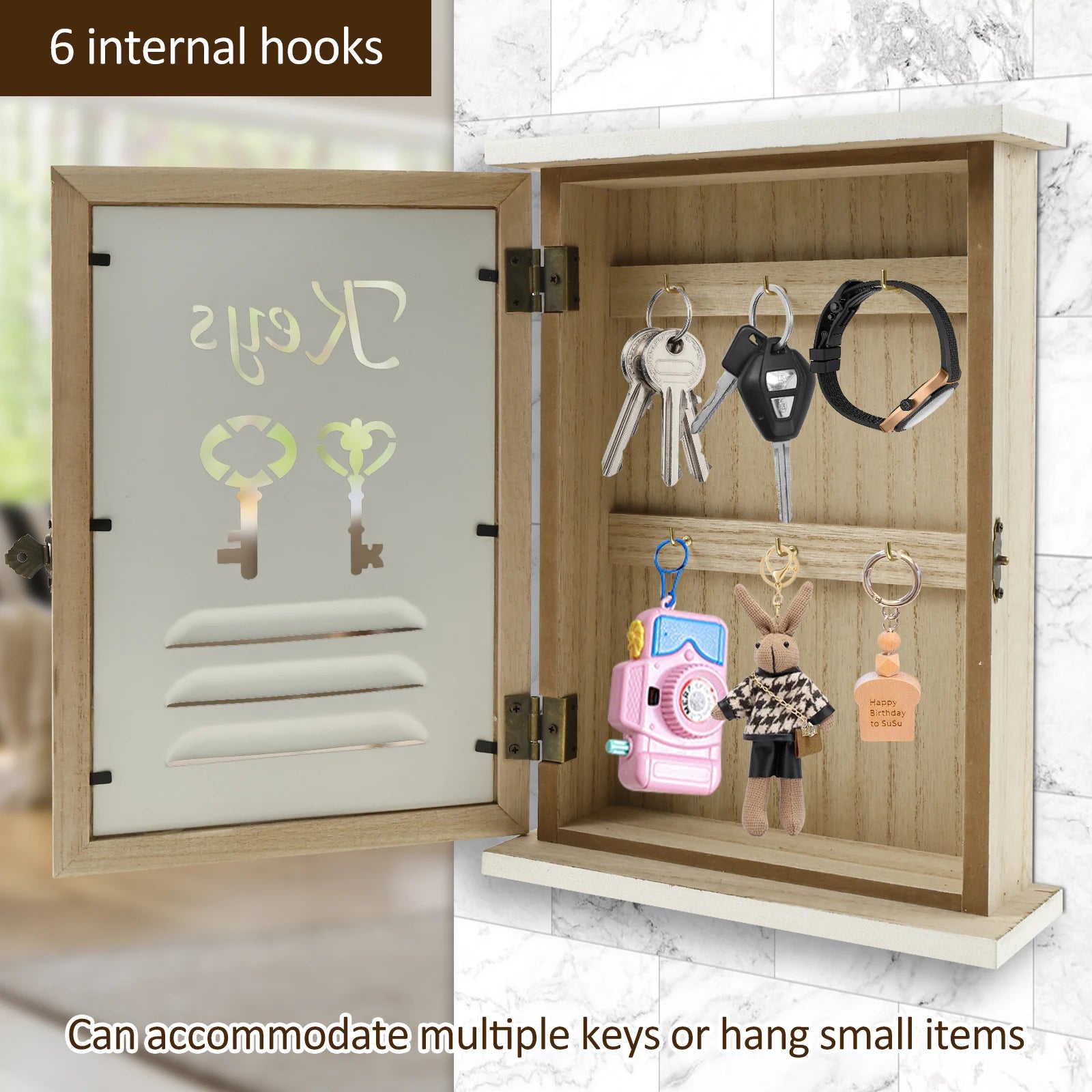 Wooden Wall Key Holder Cabinet with 6 Hooks