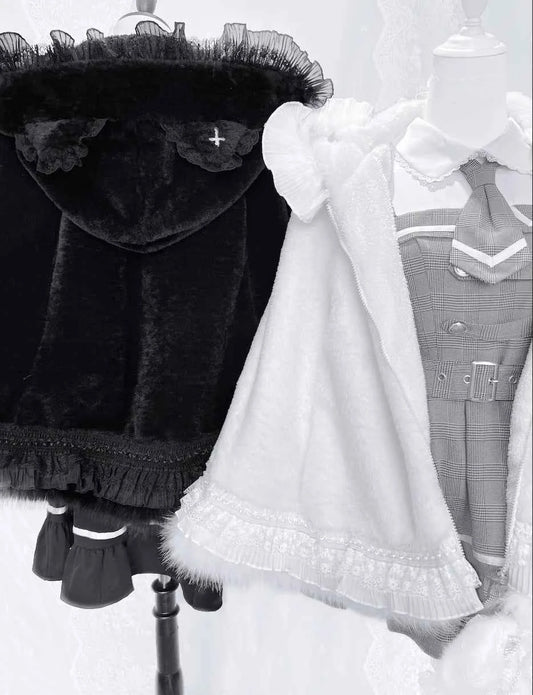 Japanese Mine Lace Splicing Cute Bow Lolita Shawl Jacket Autumn and Winter New Sweet Girl Loose Warm Plush Cape Coat Women