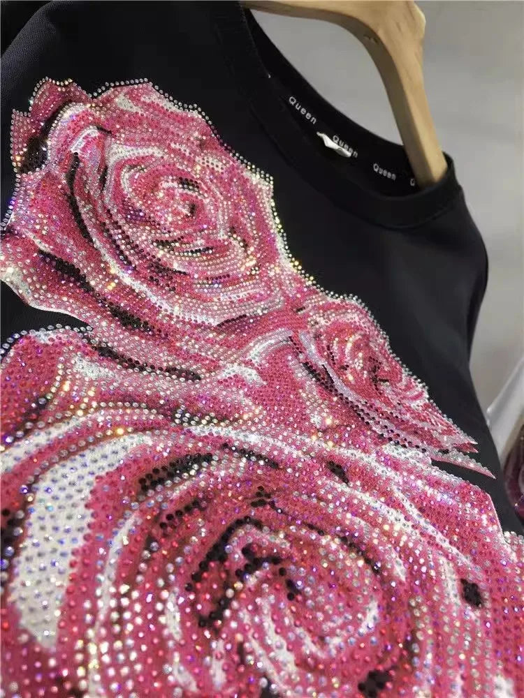 Oversized Rhinestone light luxury rose round-neck long-sleeved top pull-over women's sportswear SS69