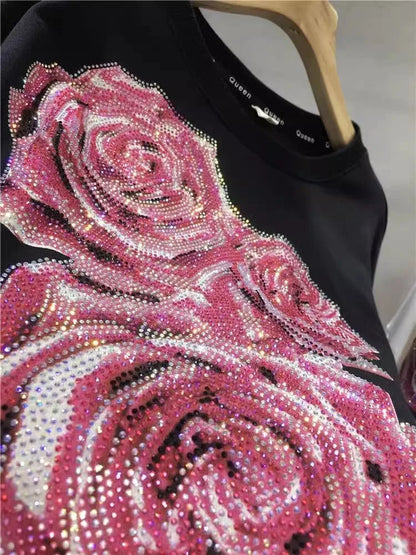 Oversized Rhinestone light luxury rose round-neck long-sleeved top pull-over women's sportswear SS69