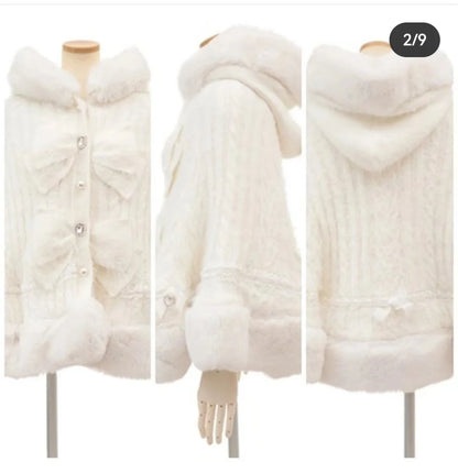 Godivana Lolita Faux Rabbit Fur Cape Coat with Rhinestone Bow and Hood