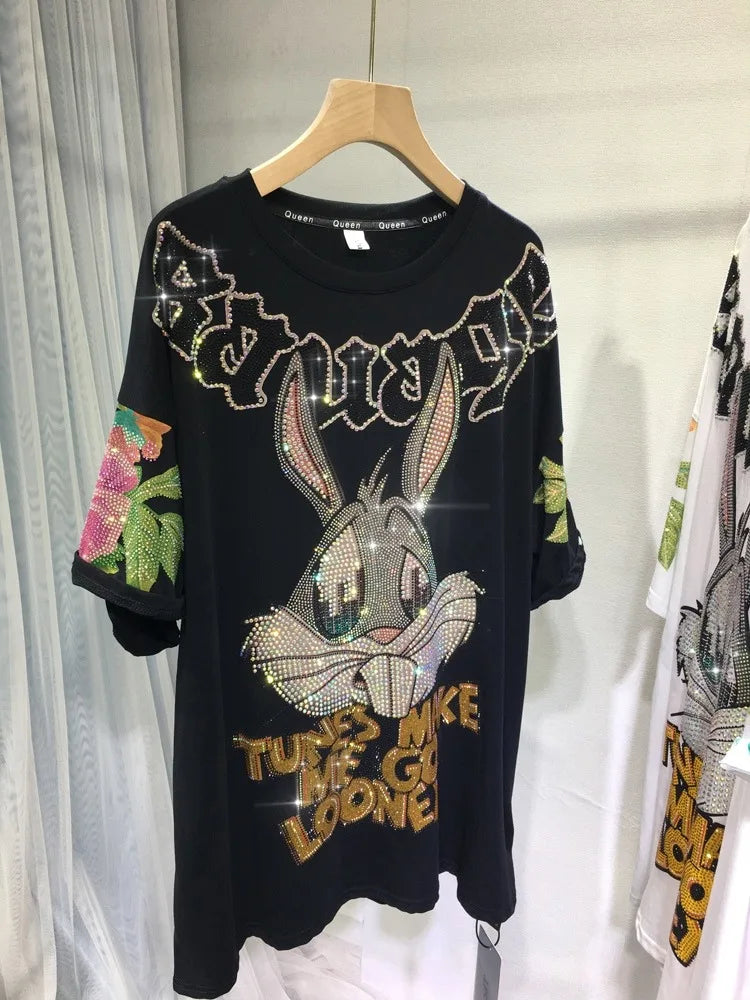 Oversized top Rhinestone diamond o-neck peony print rabbit fashion women's short-sleeved T-shirt SS69