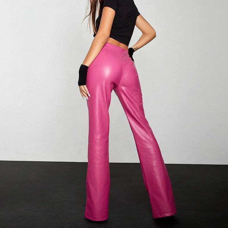 Sexy Low Waist PU Leather Flare Pants Women Vintage Disco Pink Bell-bottom Pants Ladies High Street Black Trousers Clubwear New SS69