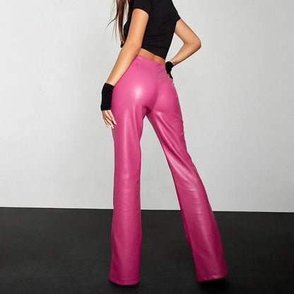Sexy Low Waist PU Leather Flare Pants Women Vintage Disco Pink Bell-bottom Pants Ladies High Street Black Trousers Clubwear New SS69