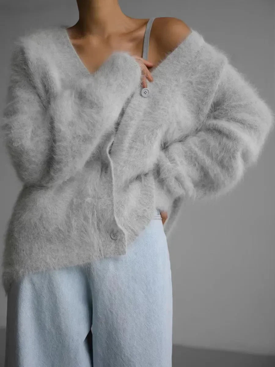 Women's V-Neck Cardigan Sweater Coat - Solid Knit, Single Breasted