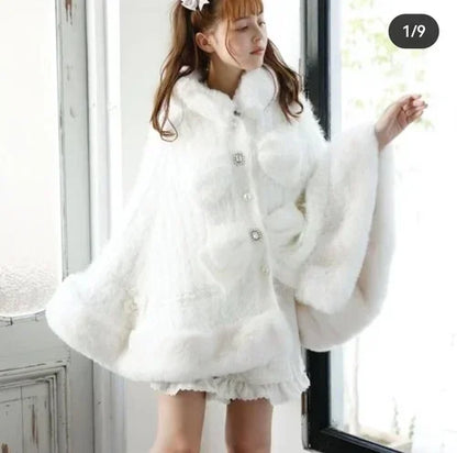 Godivana Lolita Style Faux Rabbit Fur Cape Coat with Bow & Rhinestones - White