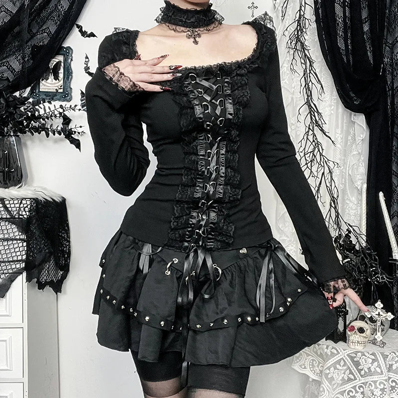 AltGoth Aesthetic Goth T-shirt Women Hotsweet Y2k E-girl 2000s Streetwear Lace Patchwork Square Collar Long Sleeve Crop Tee Tops - SS69