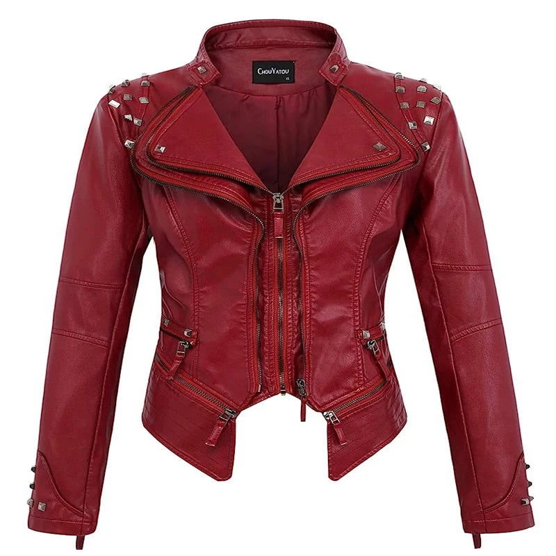 2025 Spring New Style Suit Collar Rivet Waist Short Washed Pu Leather Jacket