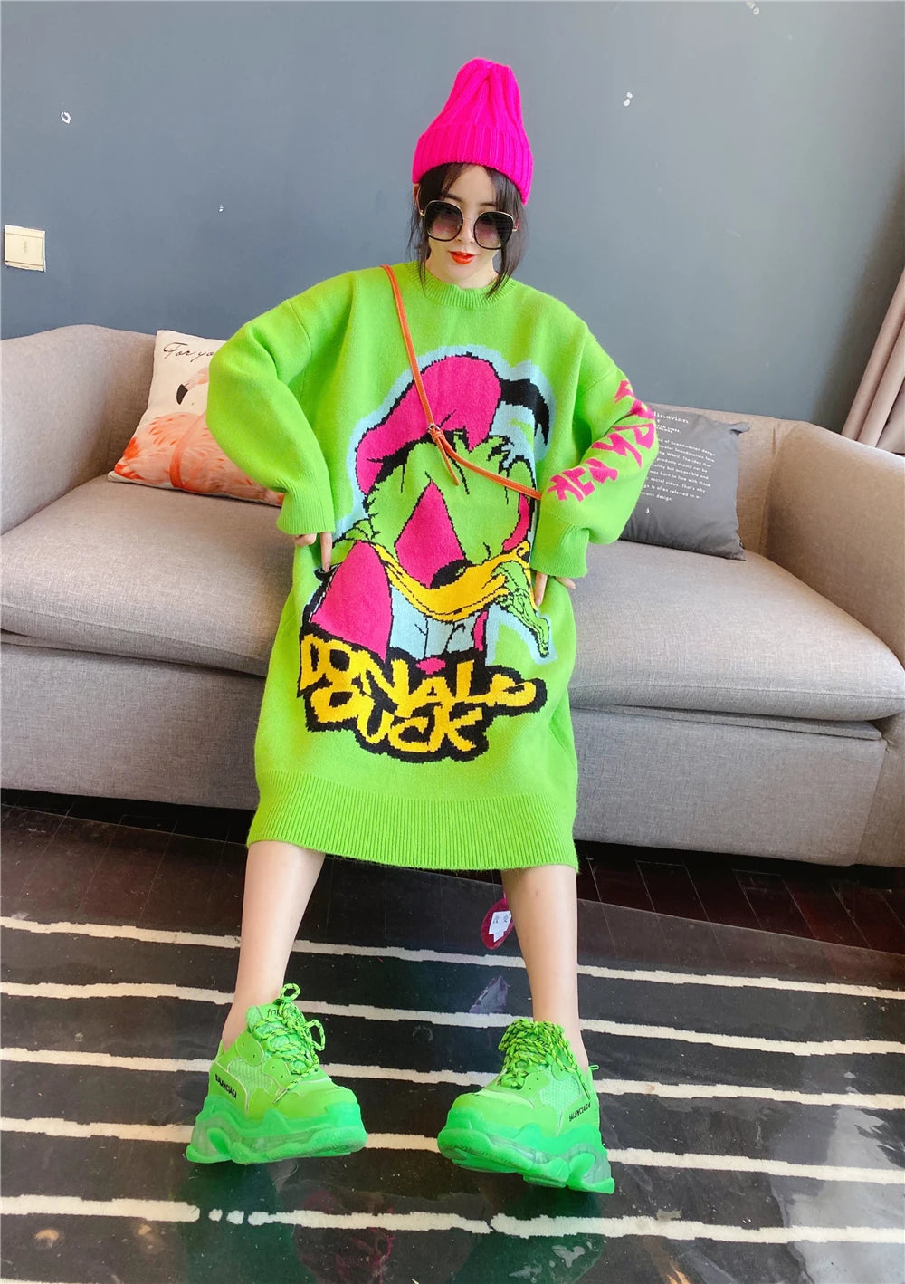 Korean Long-Sleeved Pullover Sweater Loose Fashion Women Autumn Winter Cartoon Embroidered Thickened Long Section Knitted Top SS69