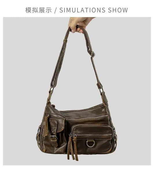 Vintage Multiple Pockets Women Shoulder Bags Luxury Washed Pu Leather Crossbody Bag Retro Motorcycle Bag Y2K Sac for Girls 2024